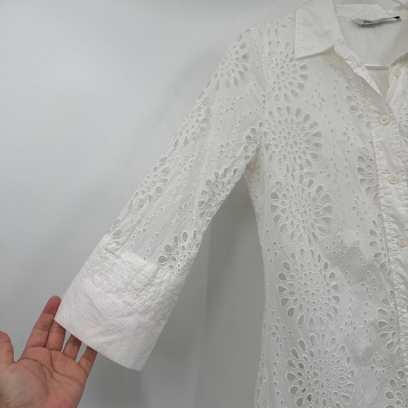 Zara Dress Women Medium White Eyelet 3/4 Sleeves Button Up Midi Cottage Boho - Picture 5 of 13